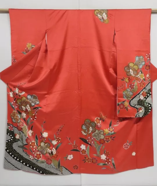 1415i01z1150 Japanese Kimono Silk FURISODE Light red Plum blossom