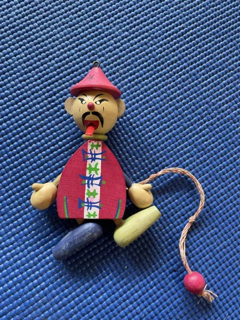 VINTAGE WOOD JUMPING Jack PULL STRING Toy Ornament Chinese Asian Tongue ...