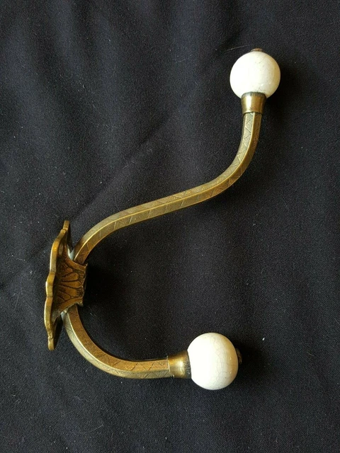 One Reclaimed Antique Brass & Porcelain Victorian Hat & Coat Hook (EH499)