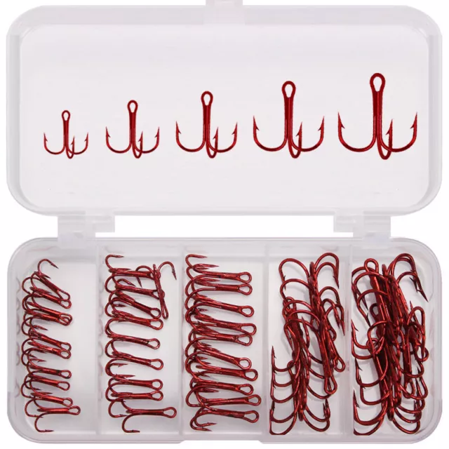 50pcs/box Fishing Treble Hooks #2-#10 High Carbon Steel Strong Sharp Tackle Red