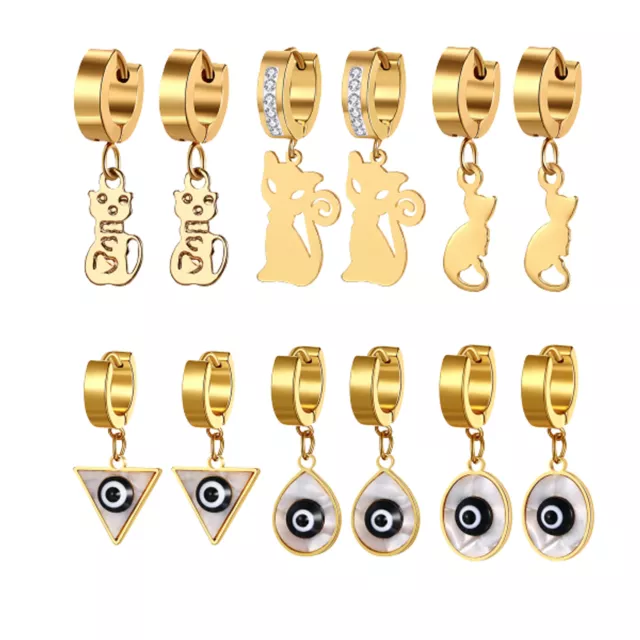 3 Pairs Women Girls Gold Stainless Steel Evil Eye Cat Small Hoop Dangle Earrings