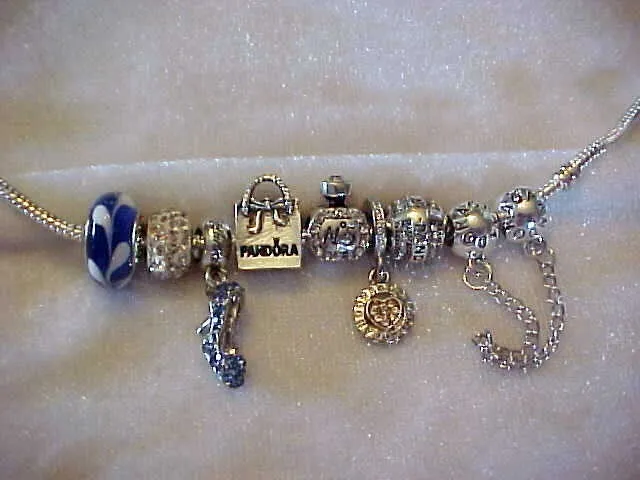 Lot Pandora Murano 925/Ale Charm + 7 European Charms-New-Blue W/White Swirl