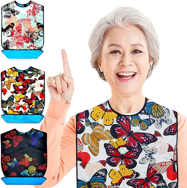 3 Pack Adult Bibs for Women,Butterfly Washable Reusable Clothing Protector with