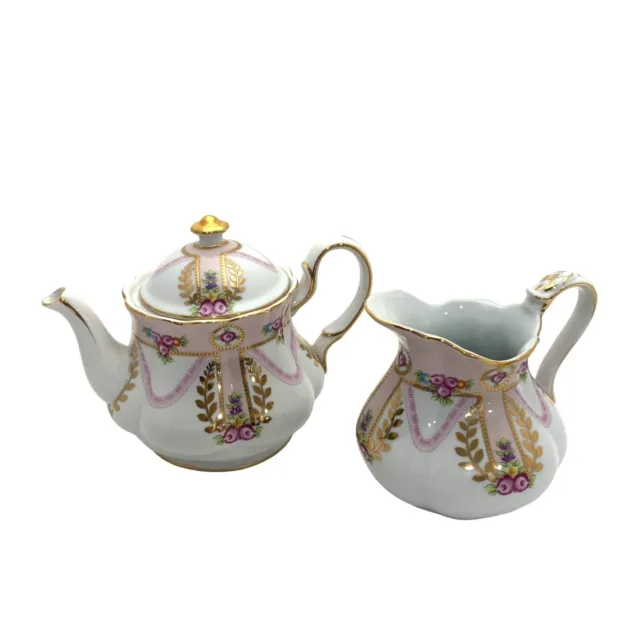 Royal Danube Porcelain Teapot & Cream Pitcher Victorian Floral Swag Garland Pink