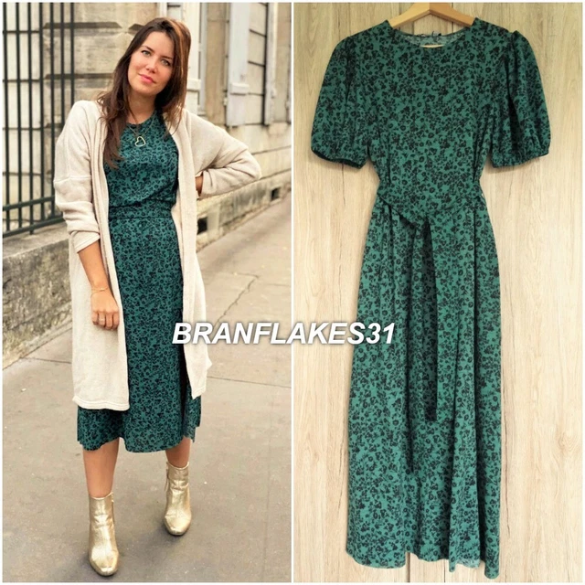 ZARA BOTTLE GREEN Floral Print Midi Dress With Belt Size Uk 8 31.89 -  PicClick UK
