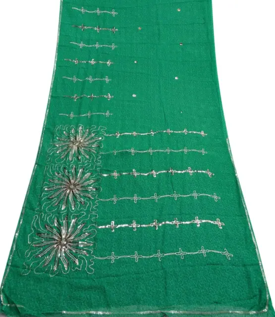 Jahrgang Grün Saree Seide Mischung Stoff Indisch Gestickt Handwerk Sari SI12775