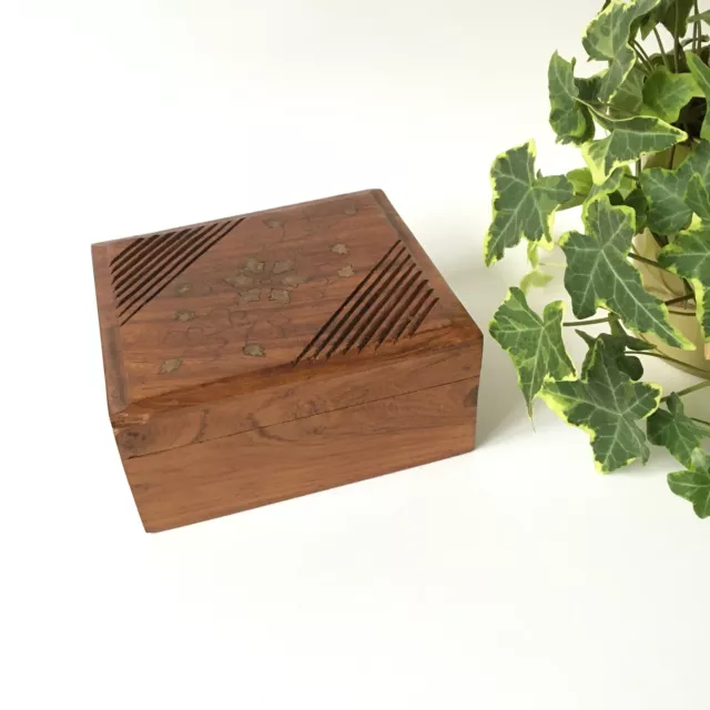 Square Wooden Box Brass Inlay Swissmade Sumatra Cigar Box Keepsake Boho Rustic
