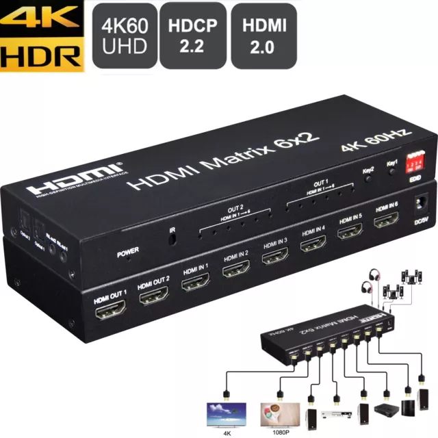 4K 60hz 6x2 HDMI Matrix Audio Extractor HDMI Switch Splitter 6 In 2 Out PC To TV