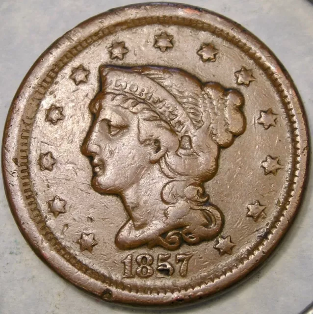 1857 Braided Hair Large Cent Very Scarce Semi Key Date With A Small Date Obverse