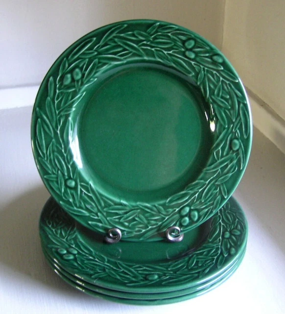 Set of 4 Varages France Dark Green Olive Leaves & Branches Majolica Salad Plates