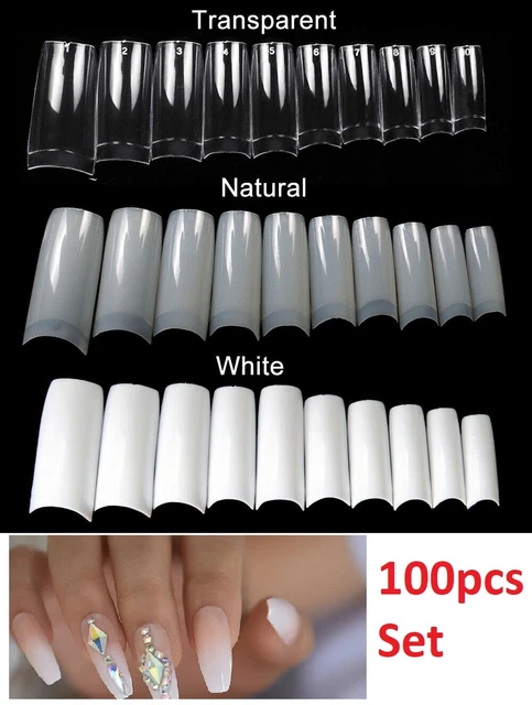 100X French Acrylic False Nail Tips Stiletto Almond Coffin Natural Clear UV Gel.