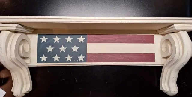 Vintage 26in x 6in Wood Wall Shelf With American Flag Painted shabby white