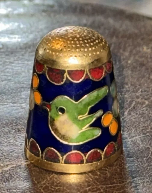 VINTAGE CLOISONNE ENAMEL with FLOWERS & BIRD THIMBLE