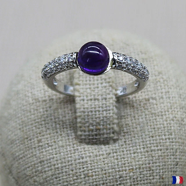 Bague En Argent 925 Avec Améthyste Cabochon Et Zircons - Fait Main En France