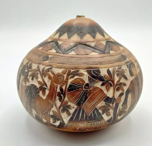 Vintage Folk Art Storytelling Hand Carved Gourd Claudio Siguil  Signed Peru