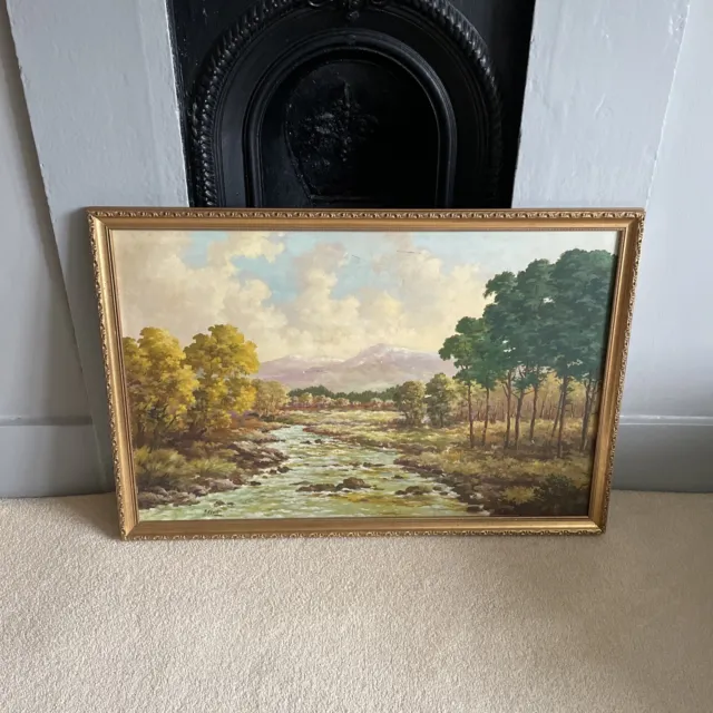 Original oil on canvas landscape painting - by H Scott artist Mountain River