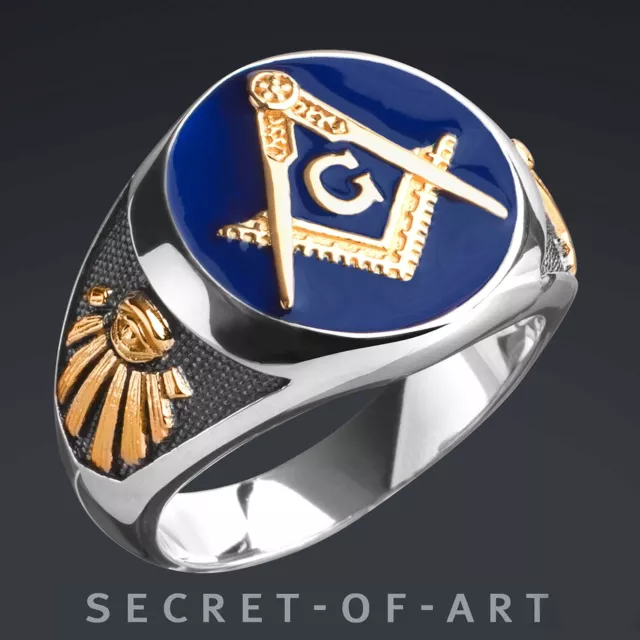 Masonic Ring Blue Lodge 925 Silver Freemason Masonry Gold-Plated All Seeing Eye