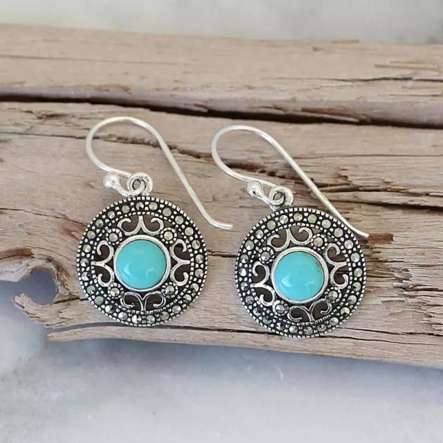 Sterling Silver 925 Marcasite & Turquoise Round Filigree Hook Drop Earrings