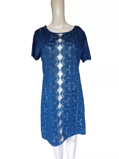 Trina Turk Womens Short Sleeve Dress Blue Crochet Knee Length Sheath Size 6