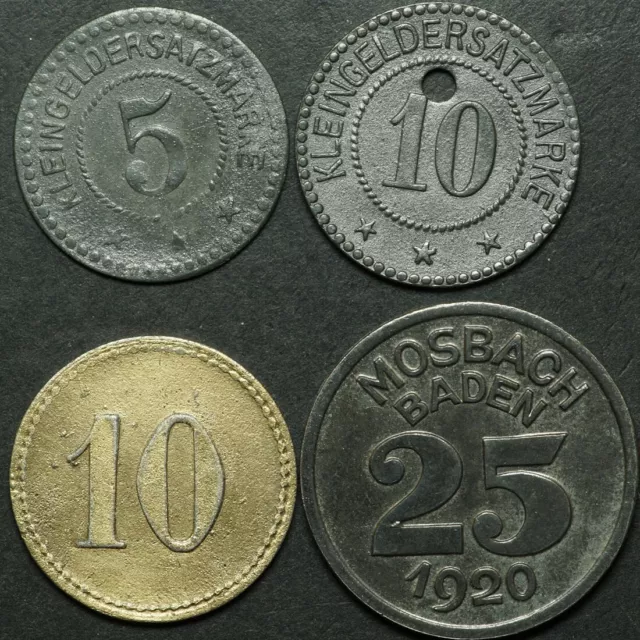NOTGELD: 4 verschiedene Notmünzen 1917-1920. STADT MOSBACH / BADEN.