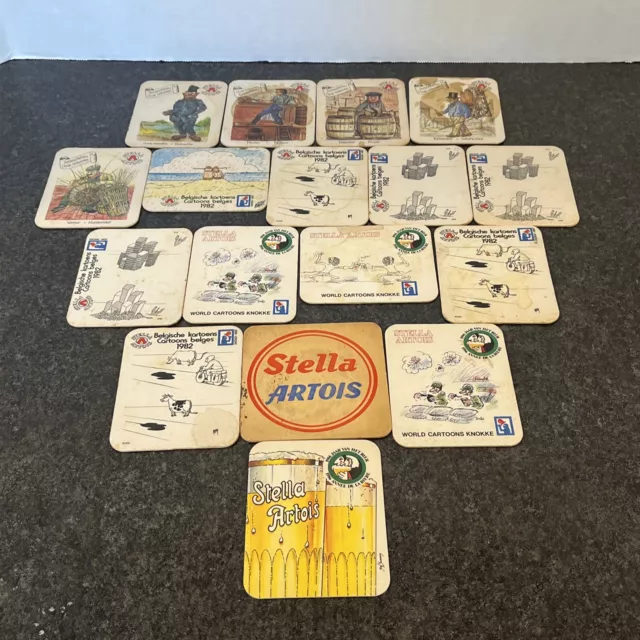 Vtg Stella Artois Belgian Brewing Co Beer Coasters Landscapes Cartoons Lot Of 17