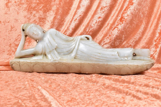 Antique Burmese Reclining Carved Stone Buddha 16" x 5-1/2"
