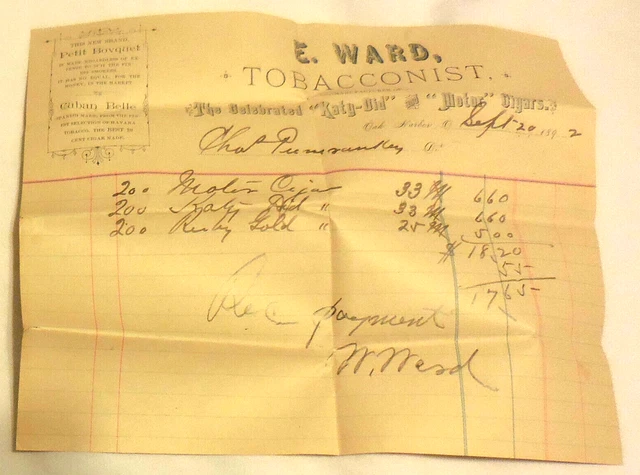 1 1892 Vintage E Ward Tobacco Oak Harbor Ohio receipt Letterhead paper,ad