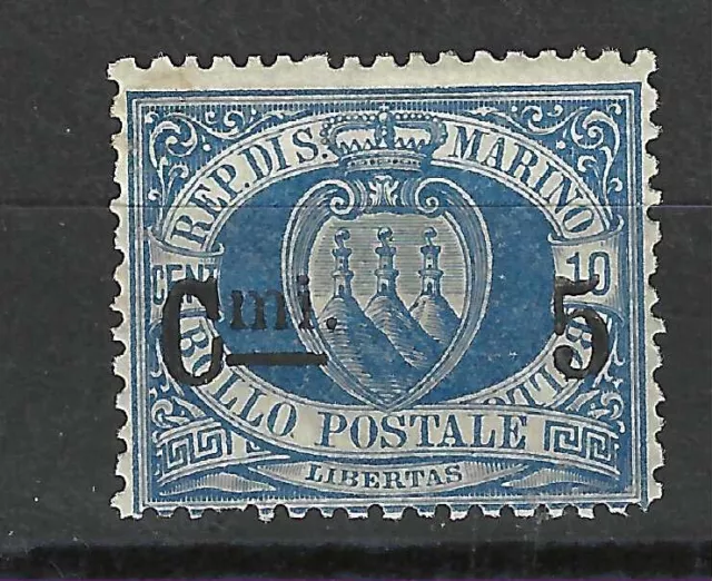 REPUBBLICA DI SAN MARINO 1892 SOVRASTAMPATO 5 cent. SU 10 cent. AZZURRO