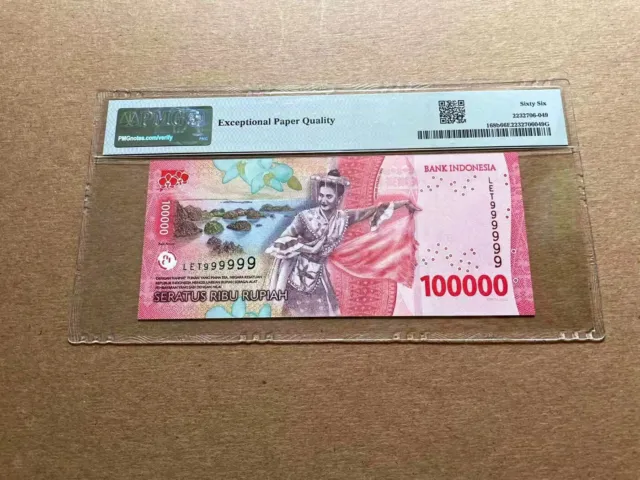 Indonesia  solid 9 P#168b ND2022 100000 Rupiah banknote PMG 66 UNC,LET 999999
