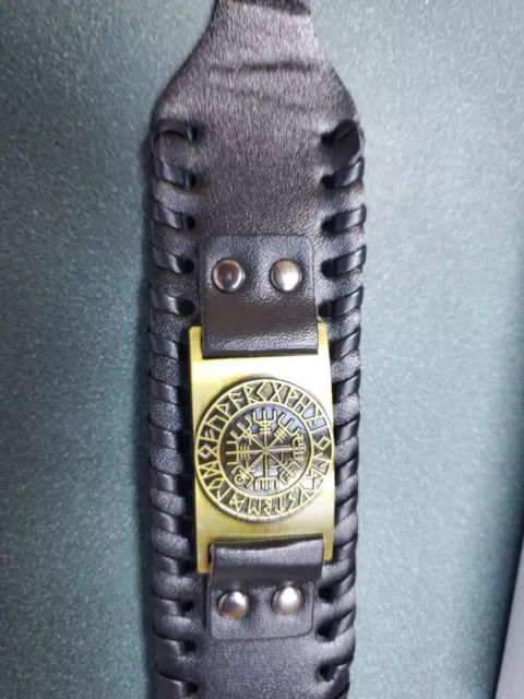 Viking~ VEGVISIR ~Nordic Runes Leather Bracelet  ~gold tone~ Adjustable