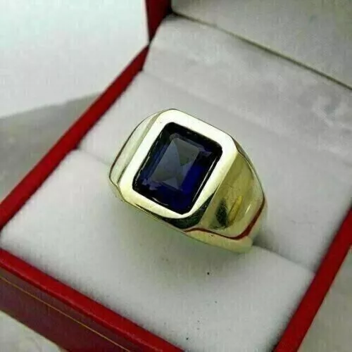 Anello da mignolo da uomo con zaffiro blu simulato taglio smeraldo da 3 ct,...