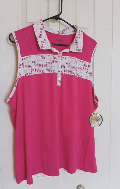 Womens 1X Pink/ Cocktail Print Golf Polo Top Sleevless UPF 50 NWT Coral Bay $8