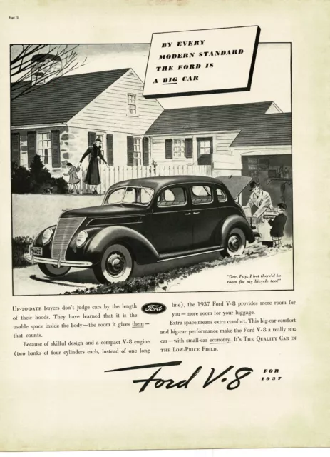 1937 Ford 4-door Sedan V8 Vintage Print Ad it's a big car illustration art