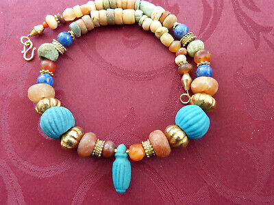 Ancient Egyptian Faience Beads Necklace with Ancient Carnelian, lapis and gold
