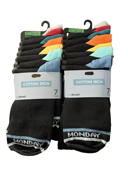 EX M&S Mens Socks Cotton Rich Black Cool Fresh Days of The Week x 14 Pairs 9-12