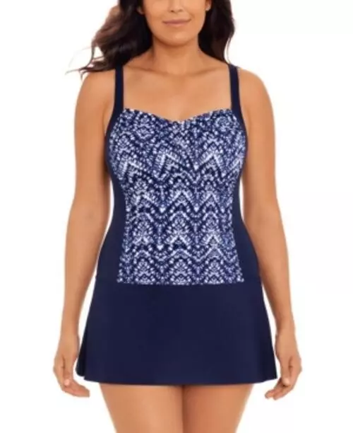 MSRP $109 Swim Solutions Twist Bra Skater Swimdress Navy Size 16 NWOT