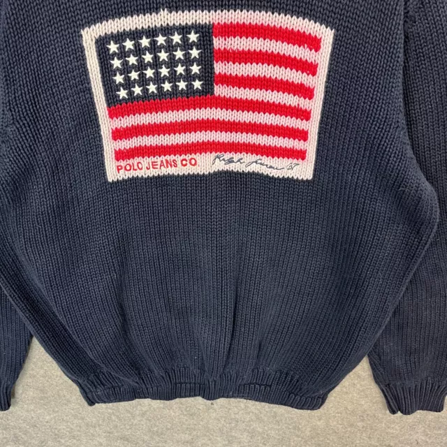 Vintage Ralph Lauren Jumper Mens Medium Blue USA Flag Polo Jeans Sweatshirt Knit 3