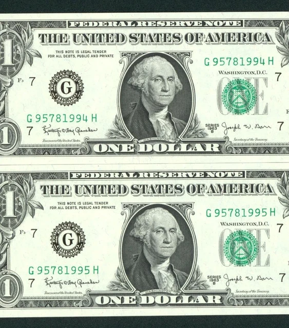 ((TWO CONSECUTIVE)) $1 1963 B ((CHOICE CU)) (JOSEPH BARR) Federal Reserve Note