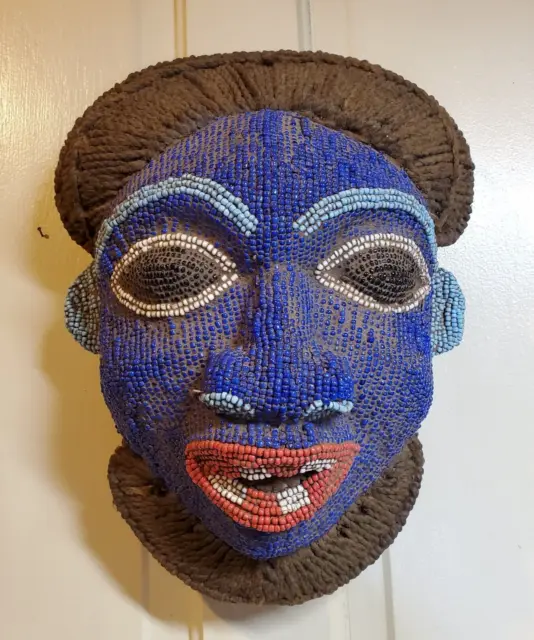 Vintage Blue Beaded Carved Face Mask 16" Bamun Bamileke Cameroon African Art
