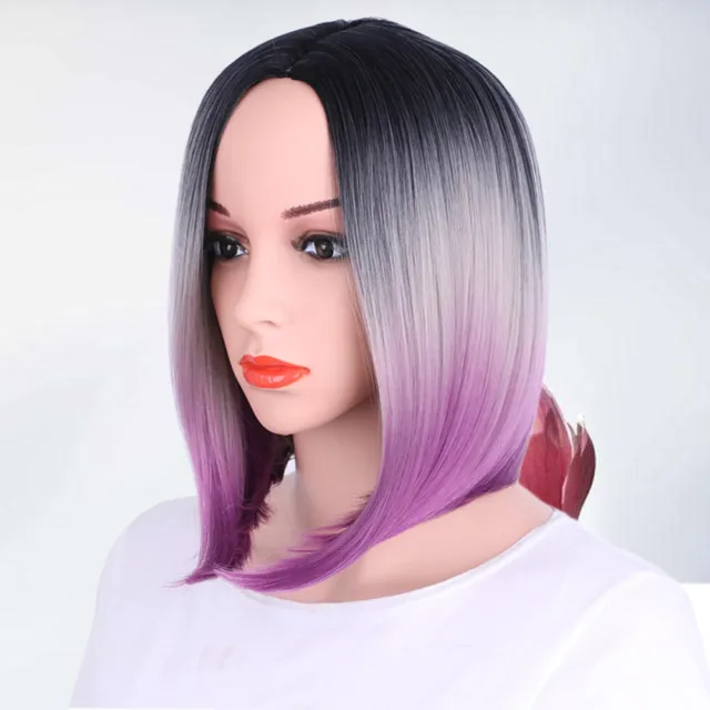 Womens Bob Wig Gradient Color Cosplay Synthetic Hair Wig Short Straight Wigs
