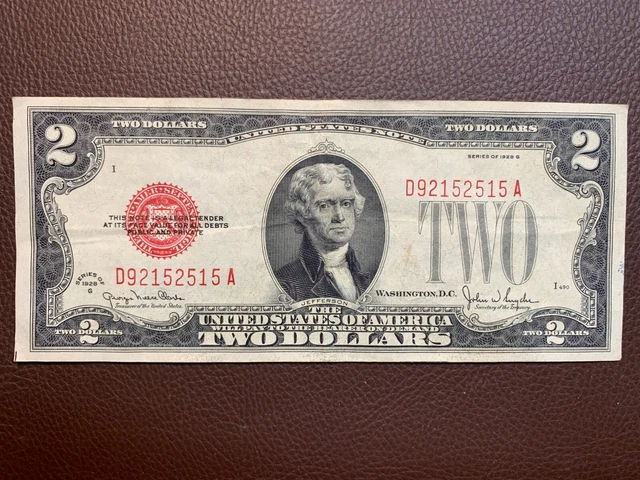 1928-G Two Dollars Bill Red Seal Note D 92152515 A Very good condition