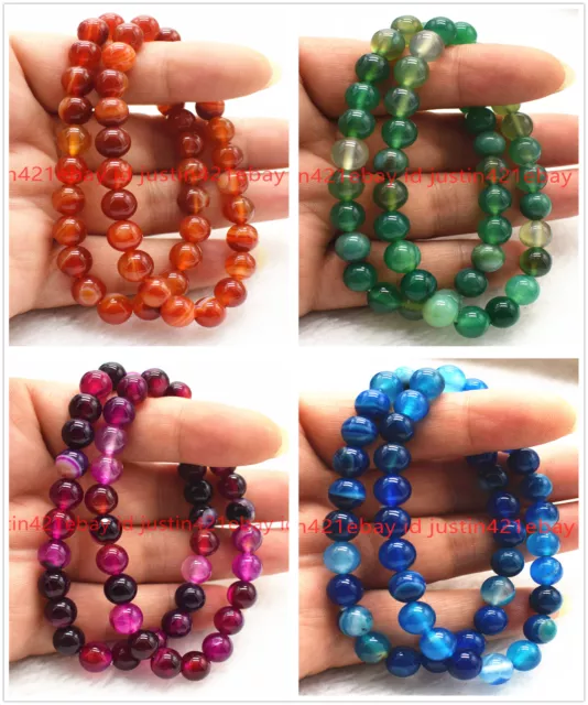 2 Pcs 8mm Natural Striped Agate Onyx Round Gemstone Beads Stretch Bracelet 7.5"