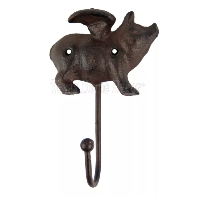 Flying Pig Wall Hook Key Coat Hanger Cast Iron Rustic Brown Finish Antique Style