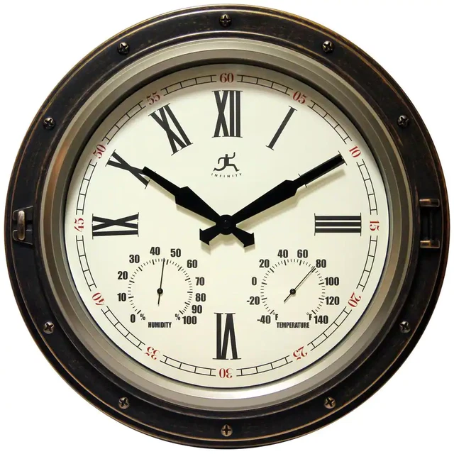 Infinity Instruments Analog Wall Clock Round Built-in Thermometer/Hygrometer