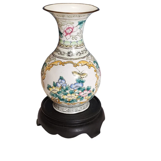 Mid 20th Century Chinese Famille Rose Cloisonne Enamel Bud Vase on Wood Base