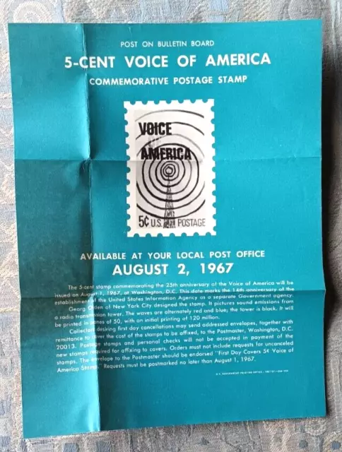 1967 Voice Of America Radio Folded Post Office Bulletin 9"X11"