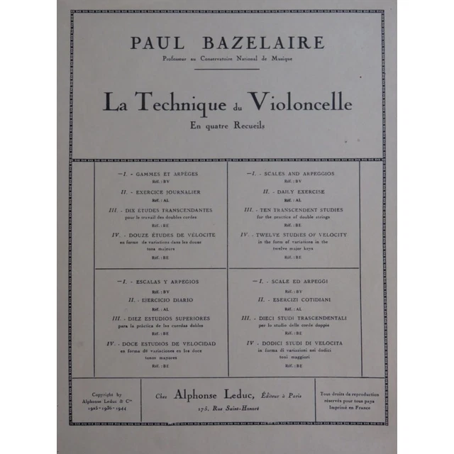 BAZELAIRE Paul Gammes et Arpèges Technique du Violoncelle