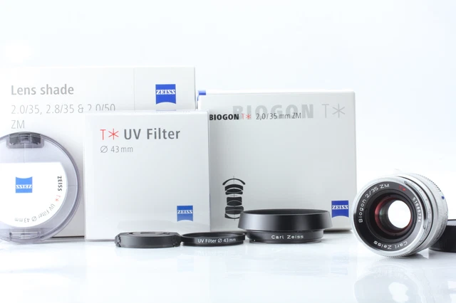 Filter, Hood [Unused in Box] Carl Zeiss BIOGON T* 35mm f2 ZM Mount Lens Silver