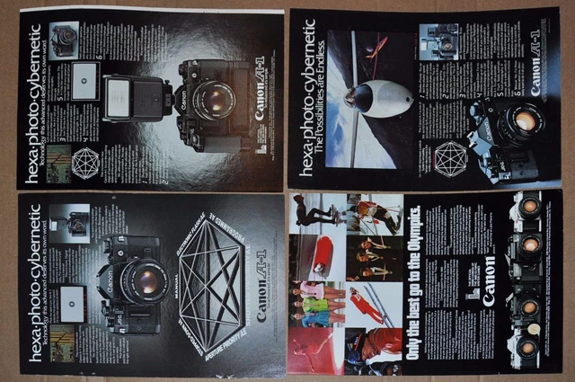 1978-81 CANON Camera print ads x4, AE-1 A-1 F-1 AV-1 1980 Olympics, glider