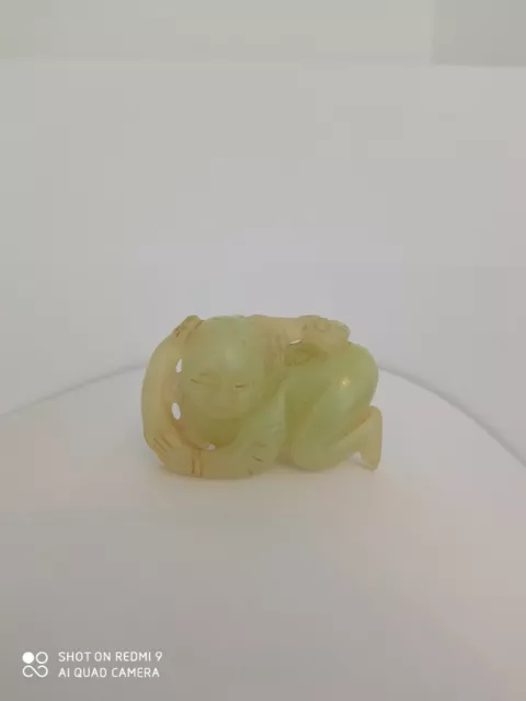 Antique Chinese 14th-17th Century Ming Dynasty Carved green Jade Boy holding lot